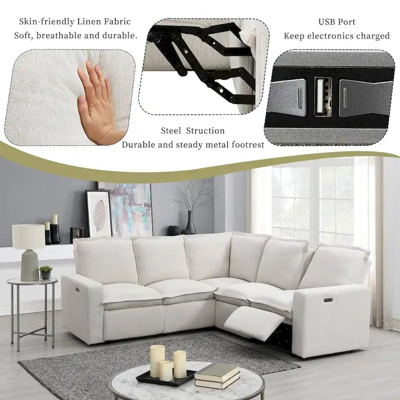Canapé d'angle en lin en forme de L avec fauteuils inclinables électriques et port USB