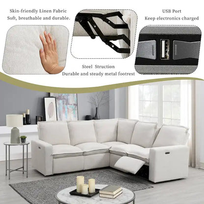 Canapé d'angle en lin en forme de L avec fauteuils inclinables électriques et port USB