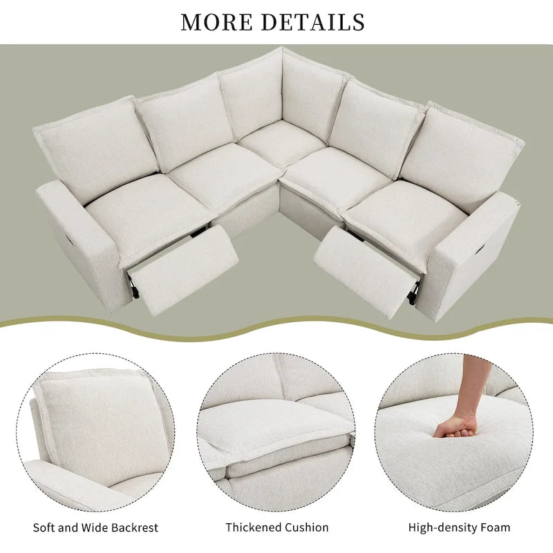 Canapé d'angle en lin en forme de L avec fauteuils inclinables électriques et port USB