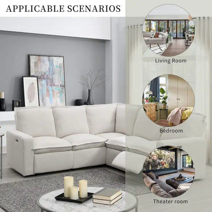 Canapé d'angle en lin en forme de L avec fauteuils inclinables électriques et port USB