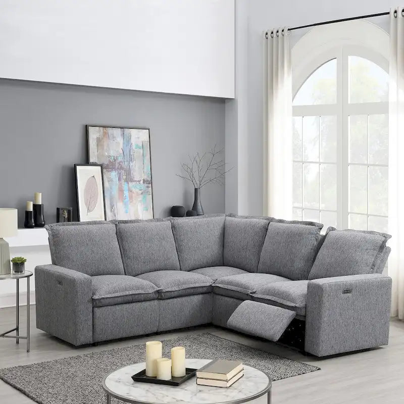 Canapé d'angle en lin en forme de L avec fauteuils inclinables électriques et port USB