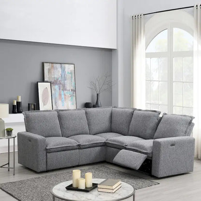 Canapé d'angle en lin en forme de L avec fauteuils inclinables électriques et port USB