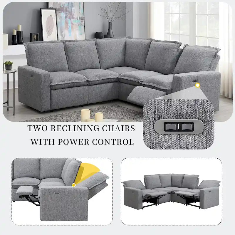 Canapé d'angle en lin en forme de L avec fauteuils inclinables électriques et port USB