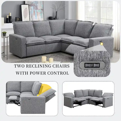 Canapé d'angle en lin en forme de L avec fauteuils inclinables électriques et port USB