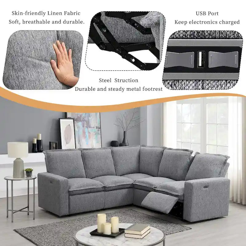 Canapé d'angle en lin en forme de L avec fauteuils inclinables électriques et port USB