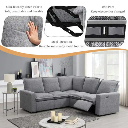 Canapé d'angle en lin en forme de L avec fauteuils inclinables électriques et port USB