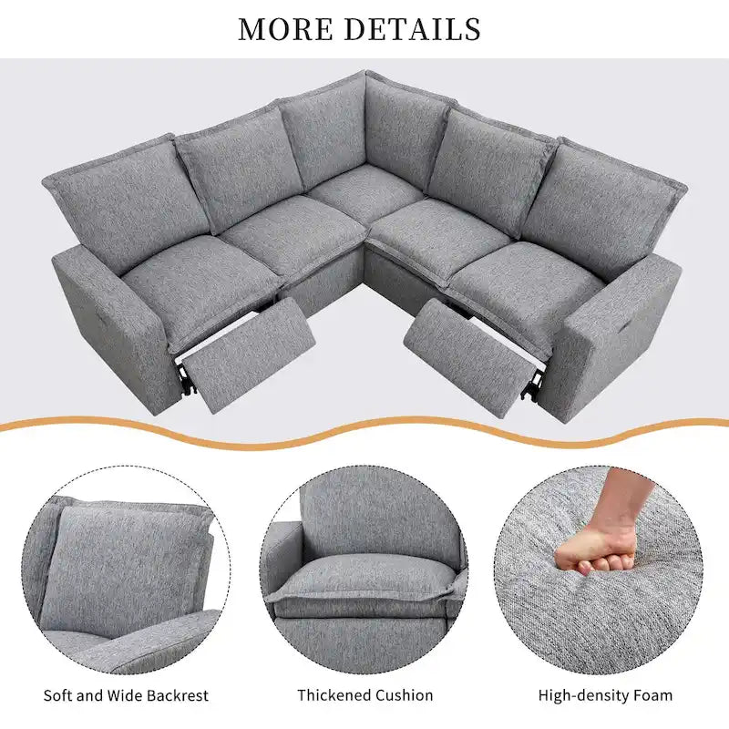 Canapé d'angle en lin en forme de L avec fauteuils inclinables électriques et port USB