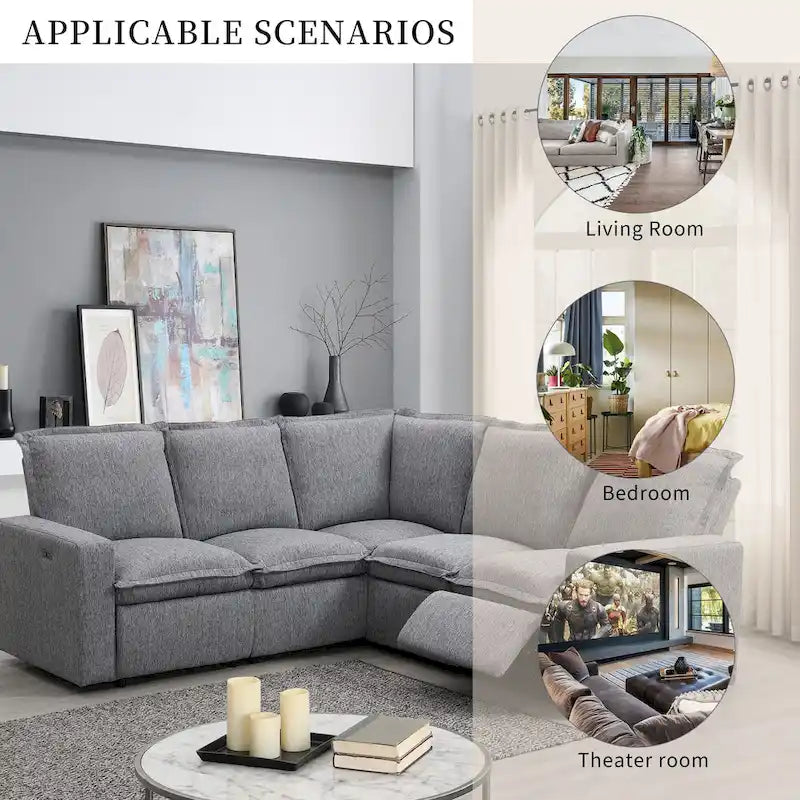 Canapé d'angle en lin en forme de L avec fauteuils inclinables électriques et port USB