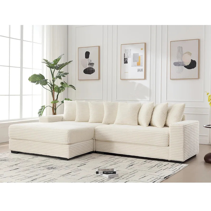 Canapé d'angle en L en velours côtelé beige 111 avec méridienne gauche surdimensionnée et 8 coussins décoratifs