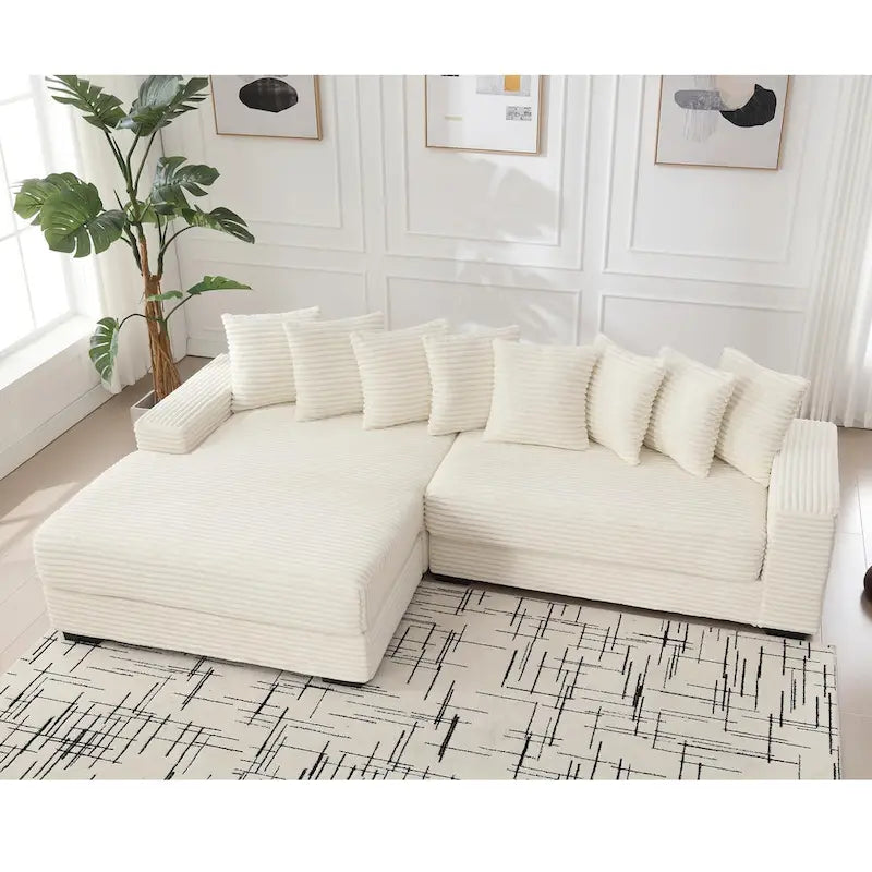 Canapé d'angle en L en velours côtelé beige 111 avec méridienne gauche surdimensionnée et 8 coussins décoratifs