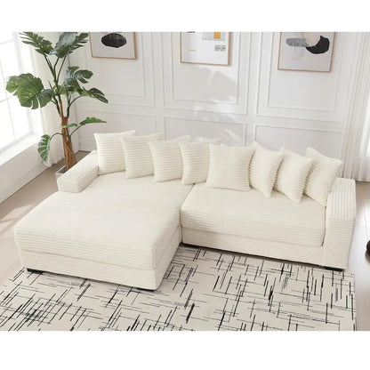 Canapé d'angle en L en velours côtelé beige 111 avec méridienne gauche surdimensionnée et 8 coussins décoratifs