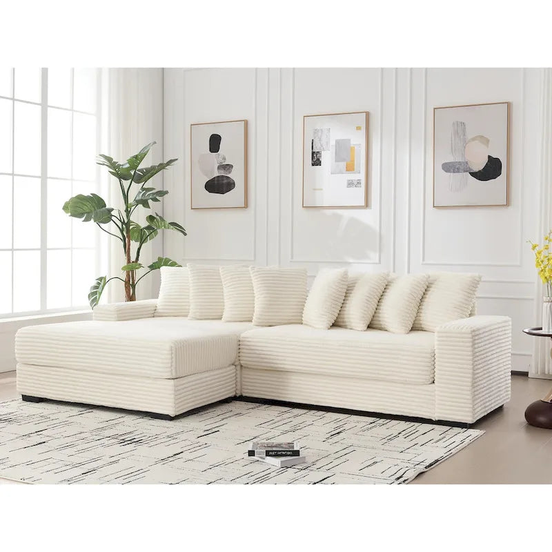 Canapé d'angle en L en velours côtelé beige 111 avec méridienne gauche surdimensionnée et 8 coussins décoratifs