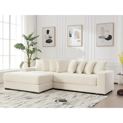 Canapé d'angle en L en velours côtelé beige 111 avec méridienne gauche surdimensionnée et 8 coussins décoratifs