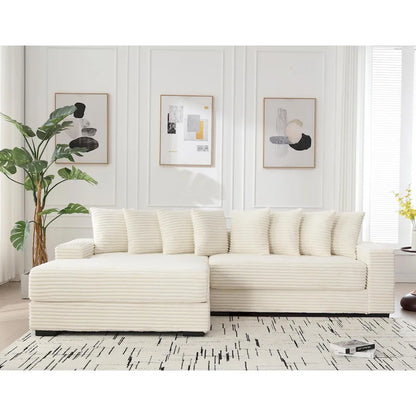 Canapé d'angle en L en velours côtelé beige 111 avec méridienne gauche surdimensionnée et 8 coussins décoratifs