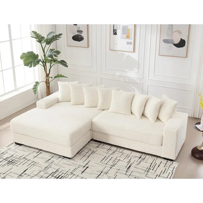 Canapé d'angle en L en velours côtelé beige 111 avec méridienne gauche surdimensionnée et 8 coussins décoratifs