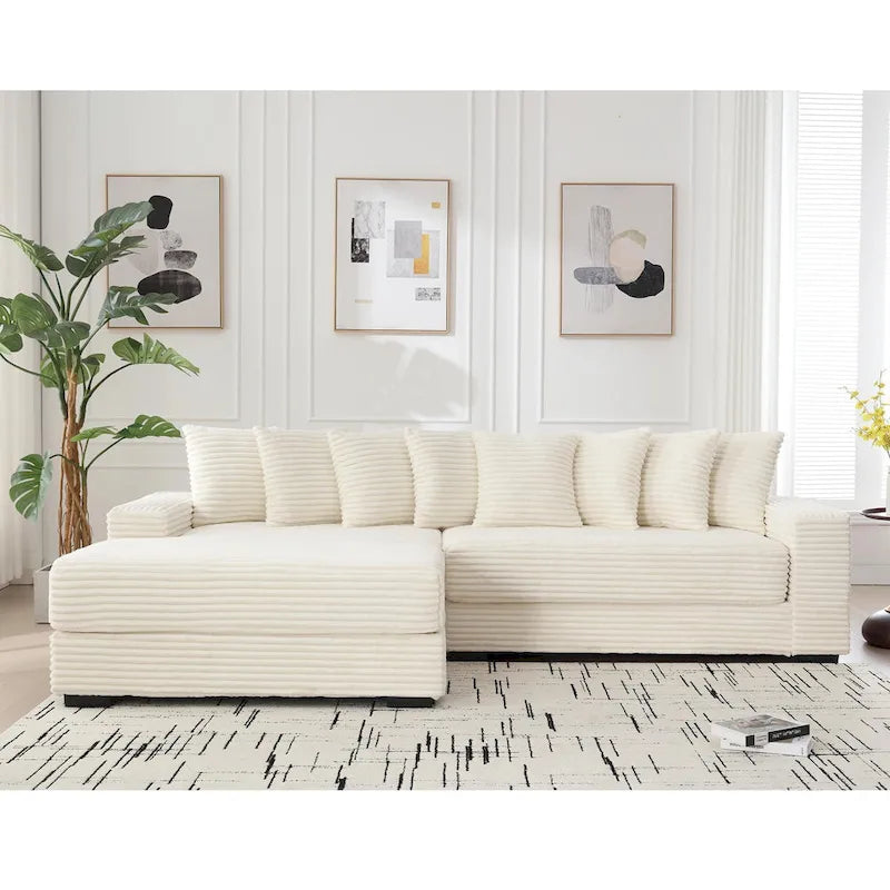 Canapé d'angle en L en velours côtelé beige 111 avec méridienne gauche surdimensionnée et 8 coussins décoratifs
