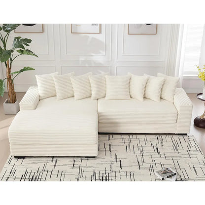 Canapé d'angle en L en velours côtelé beige 111 avec méridienne gauche surdimensionnée et 8 coussins décoratifs