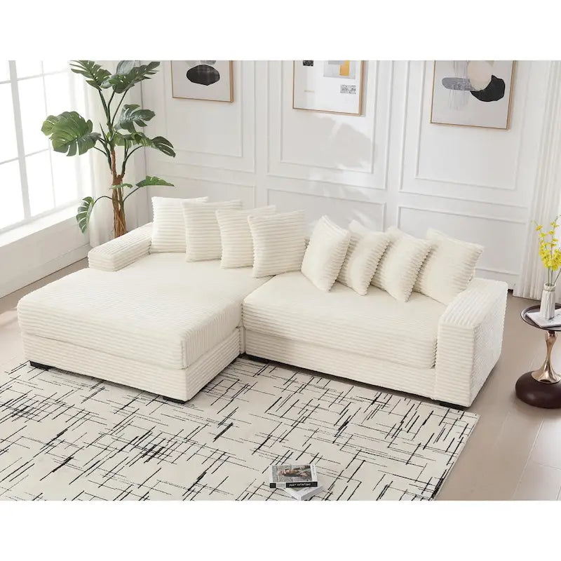Canapé d'angle en L en velours côtelé beige 111 avec méridienne gauche surdimensionnée et 8 coussins décoratifs