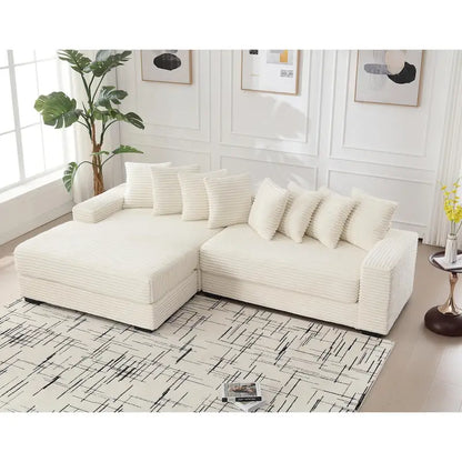 Canapé d'angle en L en velours côtelé beige 111 avec méridienne gauche surdimensionnée et 8 coussins décoratifs