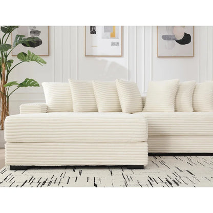 Canapé d'angle en L en velours côtelé beige 111 avec méridienne gauche surdimensionnée et 8 coussins décoratifs