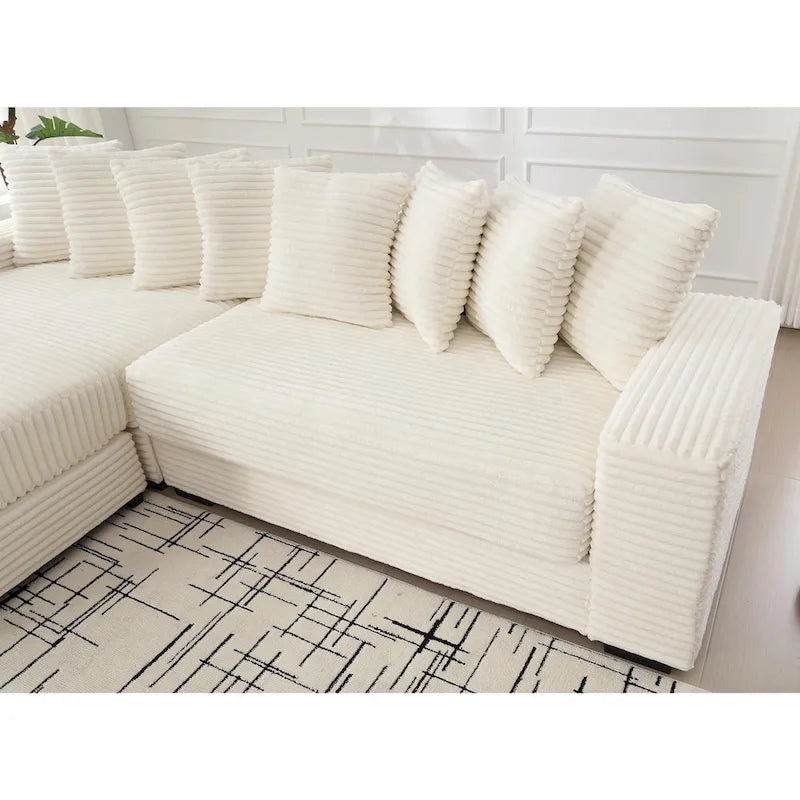 Canapé d'angle en L en velours côtelé beige 111 avec méridienne gauche surdimensionnée et 8 coussins décoratifs