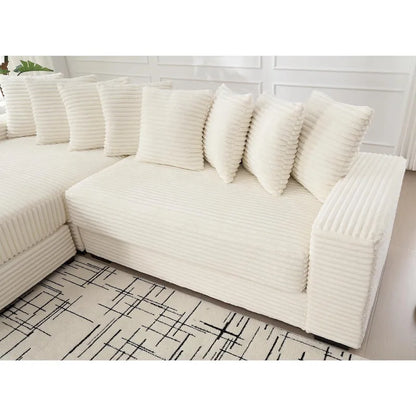 Canapé d'angle en L en velours côtelé beige 111 avec méridienne gauche surdimensionnée et 8 coussins décoratifs