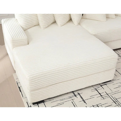 Canapé d'angle en L en velours côtelé beige 111 avec méridienne gauche surdimensionnée et 8 coussins décoratifs
