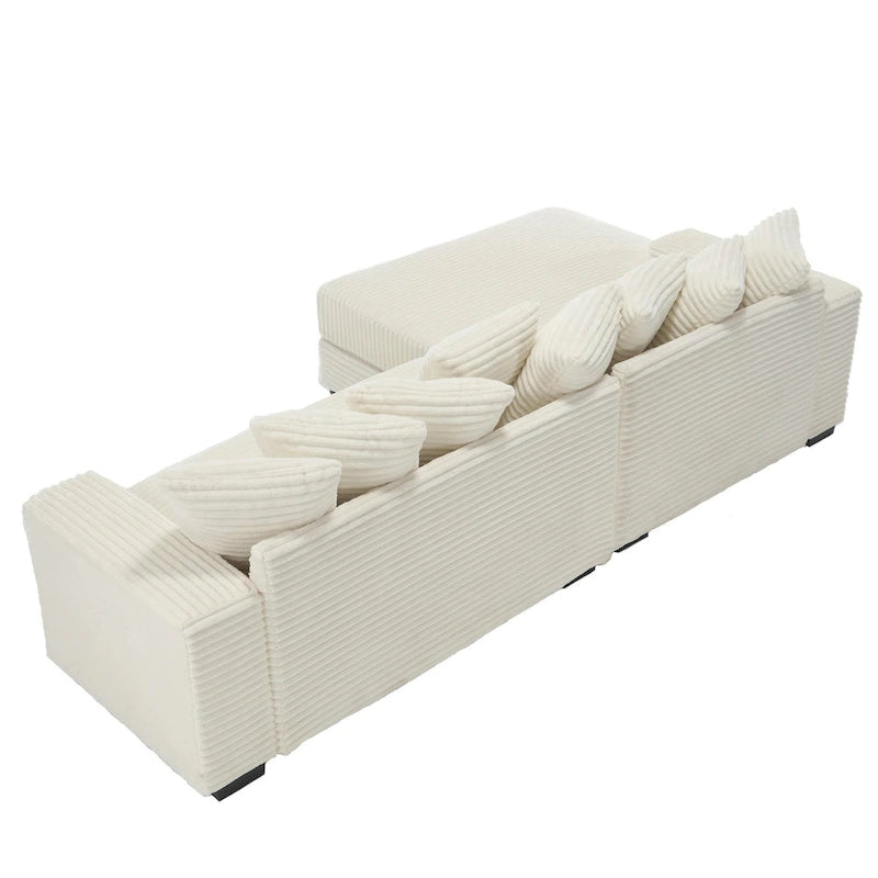 Canapé d'angle en L en velours côtelé beige 111 avec méridienne gauche surdimensionnée et 8 coussins décoratifs