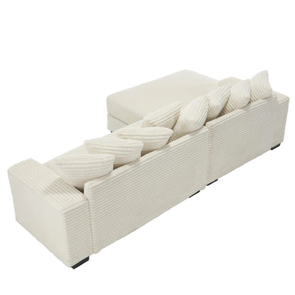 Canapé d'angle en L en velours côtelé beige 111 avec méridienne gauche surdimensionnée et 8 coussins décoratifs