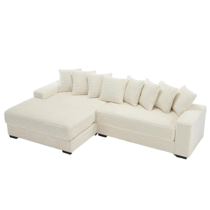 Canapé d'angle en L en velours côtelé beige 111 avec méridienne gauche surdimensionnée et 8 coussins décoratifs