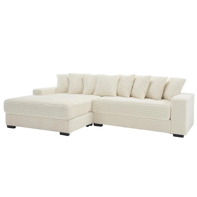 Canapé d'angle en L en velours côtelé beige 111 avec méridienne gauche surdimensionnée et 8 coussins décoratifs