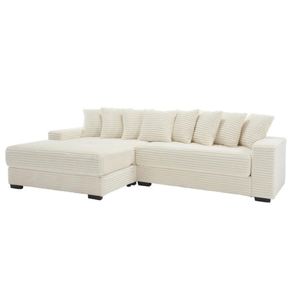 Canapé d'angle en L en velours côtelé beige 111 avec méridienne gauche surdimensionnée et 8 coussins décoratifs
