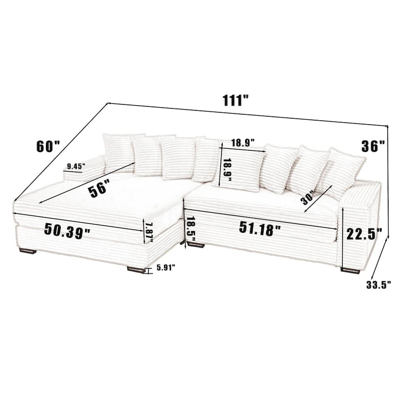Canapé d'angle en L en velours côtelé beige 111 avec méridienne gauche surdimensionnée et 8 coussins décoratifs