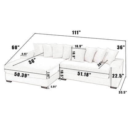 Canapé d'angle en L en velours côtelé beige 111 avec méridienne gauche surdimensionnée et 8 coussins décoratifs