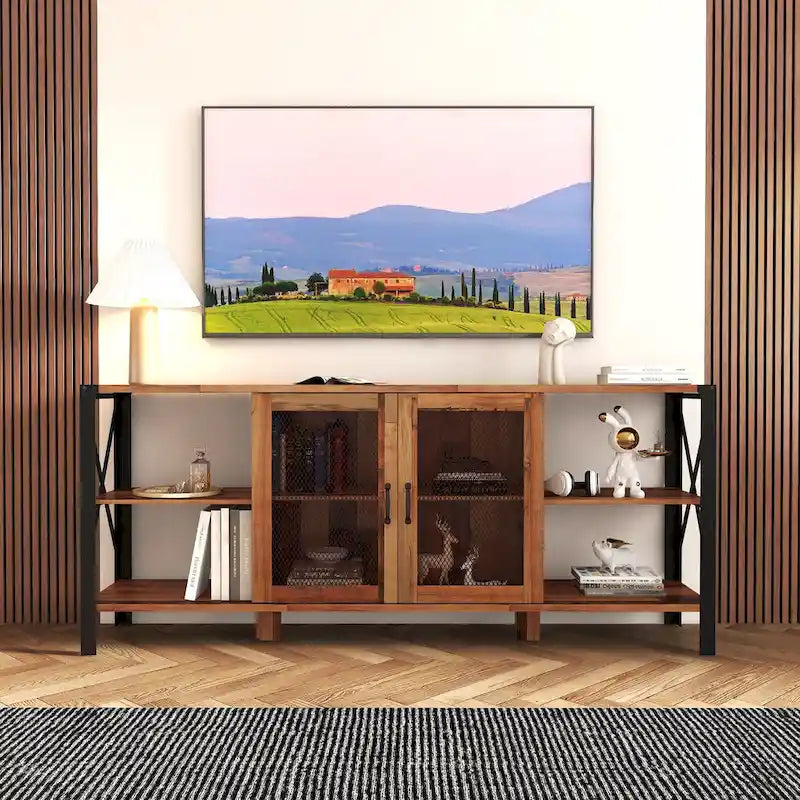 Meuble TV style ferme en noyer 70.87 avec rangement ouvert pour téléviseurs de 70 pouces