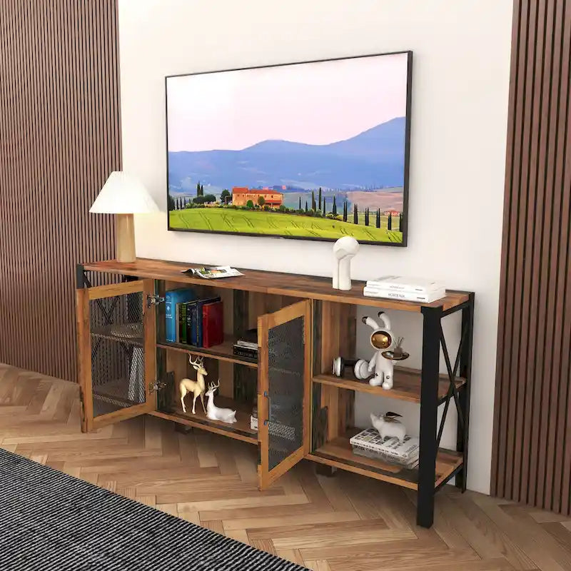 Meuble TV style ferme en noyer 70.87 avec rangement ouvert pour téléviseurs de 70 pouces