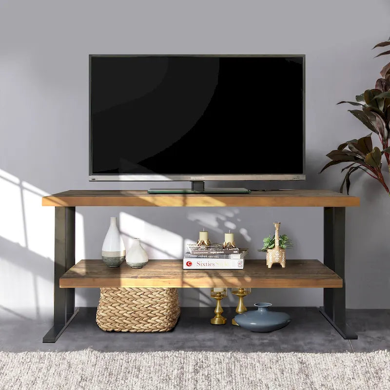 Console multimédia avec une étagère, idéale pour votre décoration intérieure, en bois recyclé naturel et finition noire.