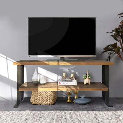 Console multimédia avec une étagère, idéale pour votre décoration intérieure, en bois recyclé naturel et finition noire.