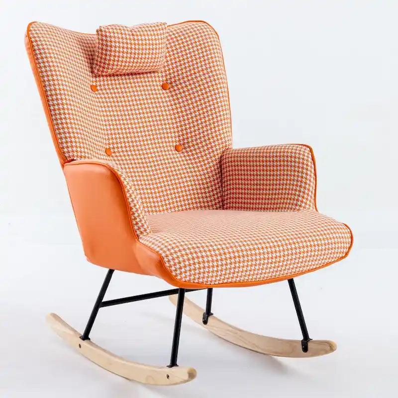 Fauteuil à bascule, fauteuil à bascule en tissu pied-de-poule souple et simili cuir pour chambre d'enfant
