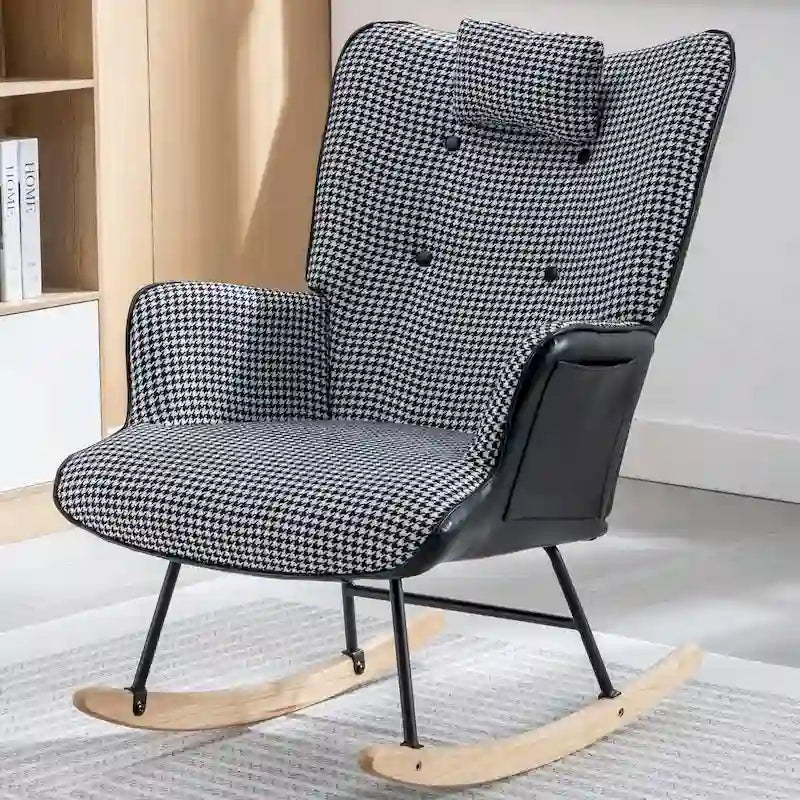 Fauteuil à bascule, fauteuil à bascule en tissu pied-de-poule souple et simili cuir pour chambre d'enfant