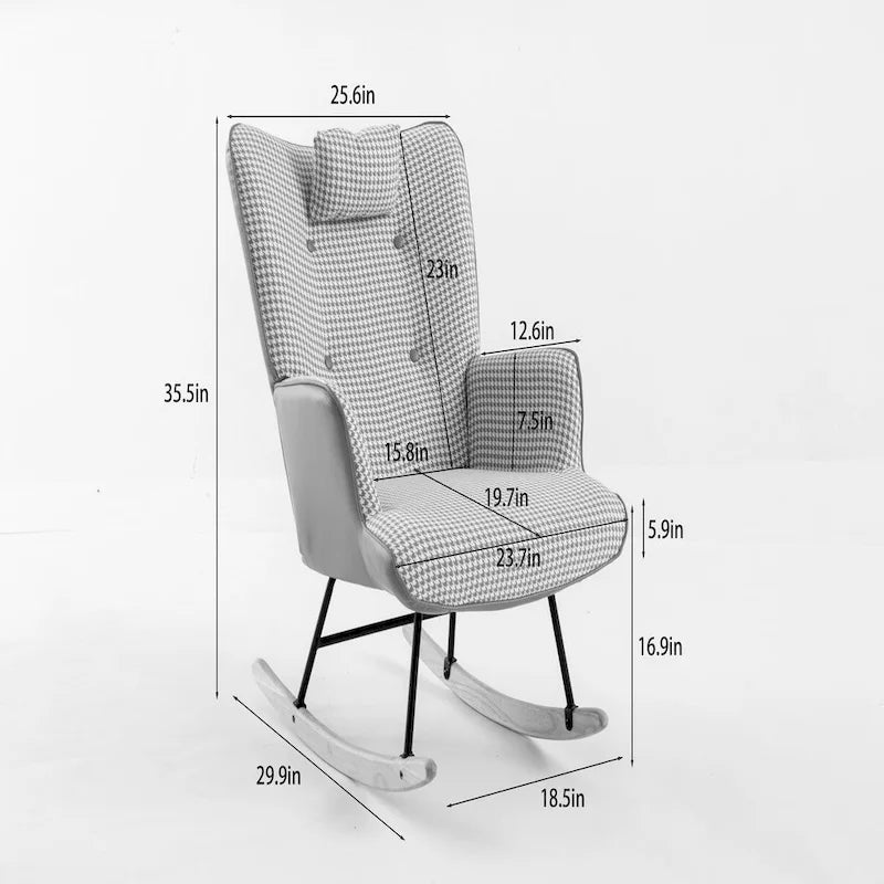 Fauteuil à bascule, fauteuil à bascule en tissu pied-de-poule souple et simili cuir pour chambre d'enfant