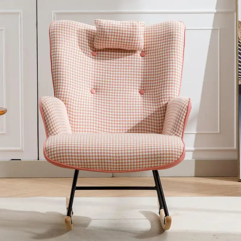 Fauteuil à bascule, fauteuil à bascule en tissu pied-de-poule souple et simili cuir pour chambre d'enfant