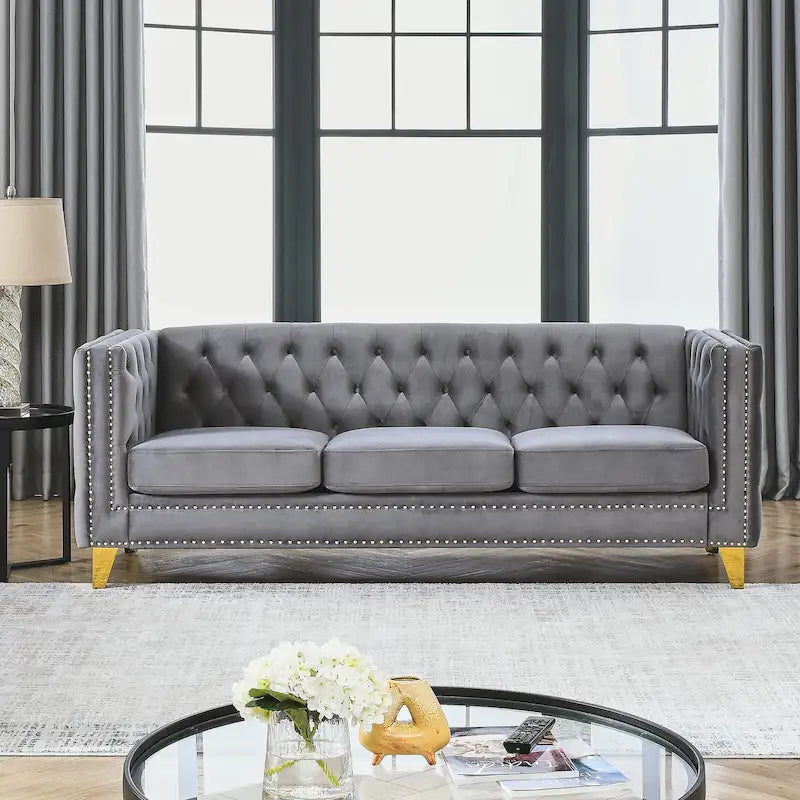 Canapé 3 places gris 80,5 cm en velours capitonné avec décoration cloutée