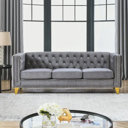 Canapé 3 places gris 80,5 cm en velours capitonné avec décoration cloutée