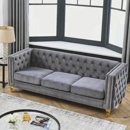 Canapé 3 places gris 80,5 cm en velours capitonné avec décoration cloutée