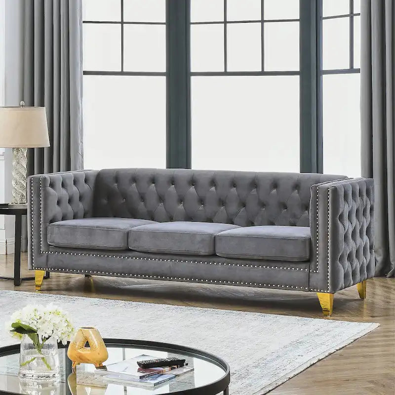 Canapé 3 places gris 80,5 cm en velours capitonné avec décoration cloutée
