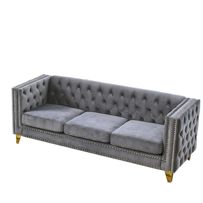 Canapé 3 places gris 80,5 cm en velours capitonné avec décoration cloutée