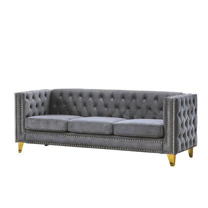 Canapé 3 places gris 80,5 cm en velours capitonné avec décoration cloutée