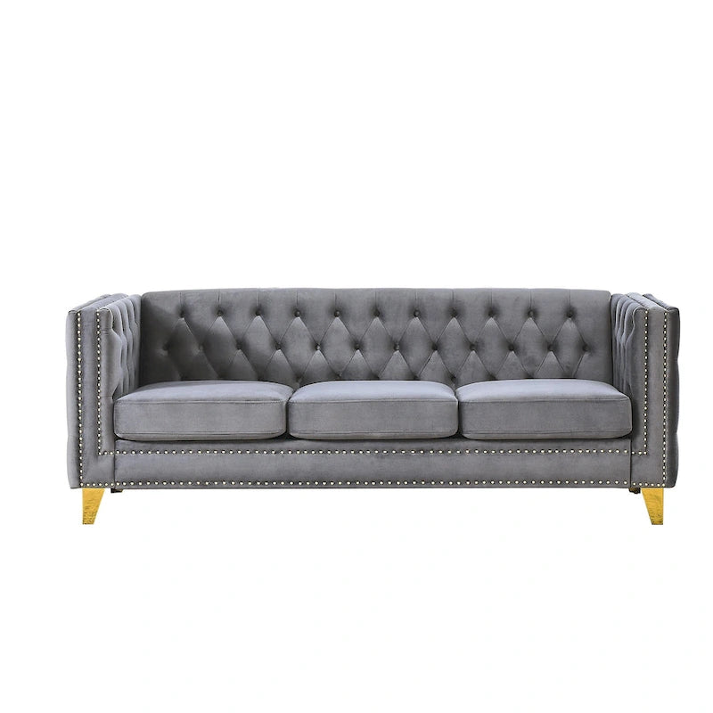 Canapé 3 places gris 80,5 cm en velours capitonné avec décoration cloutée