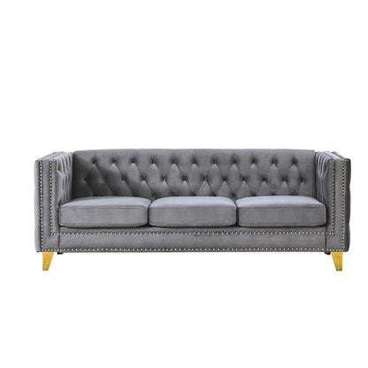 Canapé 3 places gris 80,5 cm en velours capitonné avec décoration cloutée